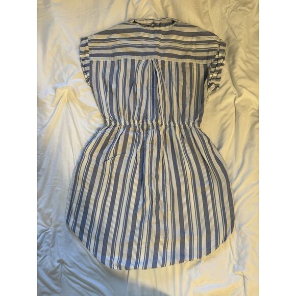 100% Cotton Tunic Dress Blue White Striped Short Sleeve Preppy Coastal Grandma - Picture 4 of 5